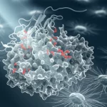 Immagine fotorealistica concettuale, 35mm, che mostra una visualizzazione astratta della proteina PRMT5 (struttura molecolare stilizzata) sovrapposta a cellule di cancro al colon in una piastra di Petri, con un fascio di luce che simboleggia la speranza della ricerca. Profondità di campo per mettere a fuoco la proteina, toni blu e argento duotone per un look scientifico ma intrigante.