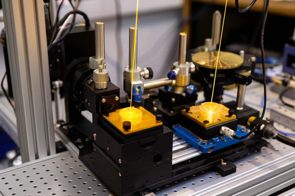 Immagine fotorealistica di un setup da laboratorio ottico complesso con laser Terahertz. Un interferometro di Mach-Zehnder è al centro, con specchi dorati e polarizzatori a griglia metallica che dividono e ricombinano un fascio THz visibile (rappresentato artisticamente come un'onda traslucida). Luce ambientale controllata, focus preciso sui componenti chiave come lo stage di traslazione micrometrica, obiettivo macro 85mm, alta definizione, profondità di campo ridotta per enfatizzare l'interferometro.
