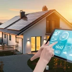 Immagine fotorealistica di una casa moderna ed efficiente dal punto di vista energetico, con pannelli solari sul tetto illuminati dal sole e un'interfaccia digitale di gestione energetica visibile su un tablet tenuto in mano in primo piano. Obiettivo grandangolare 24mm, luce solare calda del tardo pomeriggio, messa a fuoco nitida sull'interfaccia e sulla casa sullo sfondo.