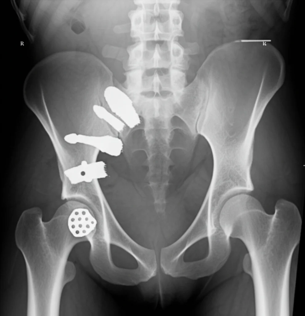 Immagine radiografica post-operatoria del bacino di un paziente con osteopetrosi, che mostra un componente acetabolare triflange personalizzato (CTAC) impiantato nell'anca sinistra, evidenziando le flange fissate all'osso iliaco, ischiatico e pubico; alta definizione, contrasto ottimizzato per dettagli ossei e metallici.