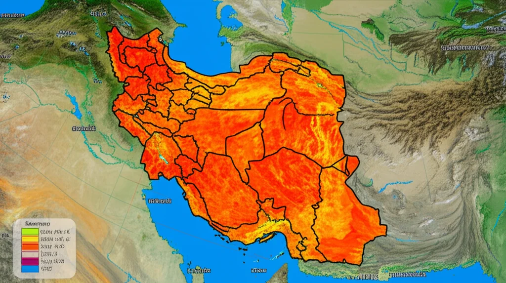 Mappa satellitare stilizzata dell'Iran che mostra aree di stress idrico sotterraneo evidenziate in rosso e arancione, sovrapposta a dati satellitari GRACE visualizzati come griglia sottile, fotografia grandangolare, 20mm, messa a fuoco nitida, colori vividi ma realistici.