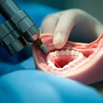 Primo piano di un chirurgo ORL che esegue una microchirurgia laser transorale (TLM) su un modello di laringe, obiettivo prime 35mm, profondità di campo, luce chirurgica focalizzata, dettagli anatomici precisi.