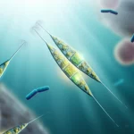 Visualizzazione fotorealistica di diverse specie di diatomee microscopiche (Chaetoceros, Cylindrotheca) che fluttuano in acqua illuminata da raggi di sole sottomarini. Alcune diatomee emettono una debole luminescenza che simboleggia il rilascio di molecole bioattive. In background, sfocate, si intravedono stilizzazioni di cellule tumorali e batteri. Lente macro 90mm, alta definizione, illuminazione suggestiva e controllata, profondità di campo.