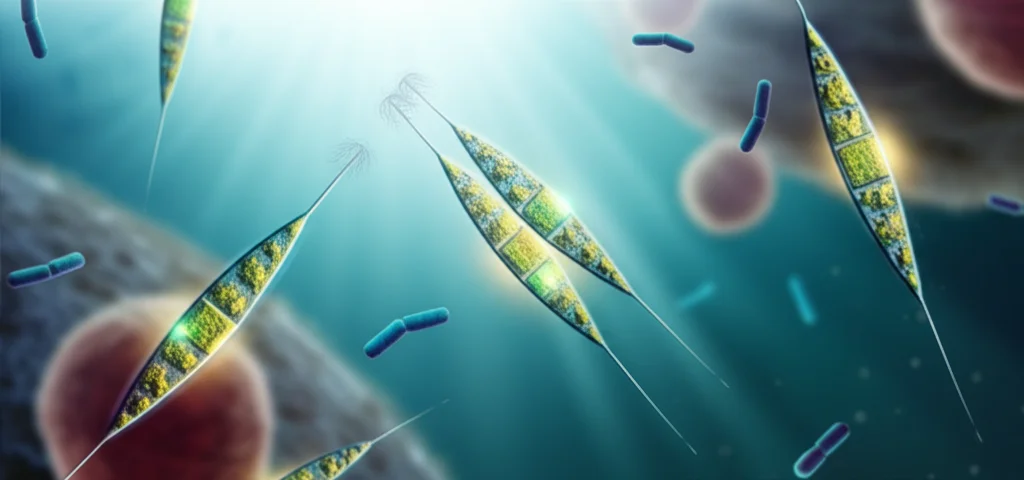 Visualizzazione fotorealistica di diverse specie di diatomee microscopiche (Chaetoceros, Cylindrotheca) che fluttuano in acqua illuminata da raggi di sole sottomarini. Alcune diatomee emettono una debole luminescenza che simboleggia il rilascio di molecole bioattive. In background, sfocate, si intravedono stilizzazioni di cellule tumorali e batteri. Lente macro 90mm, alta definizione, illuminazione suggestiva e controllata, profondità di campo.