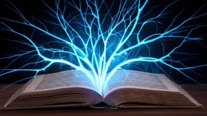 Illustrazione concettuale fotorealistica: radici luminose e aggrovigliate (tendrils) che emergono da un vecchio libro aperto intitolato 'Educazione Radicale', simboleggiando l'influenza duratura delle idee passate sul presente, sfondo scuro e suggestivo, obiettivo 50mm, profondità di campo.