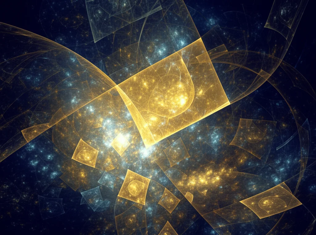 Immagine concettuale astratta che fonde simboli logici modali (quadrato per necessità, diamante per possibilità) e il simbolo P per proprietà positive con elementi cosmici come nebulose e strutture matematiche frattali, evocando la connessione tra logica formale, metafisica e l'universo, obiettivo prime 24mm, duotone blu profondo e oro brillante.