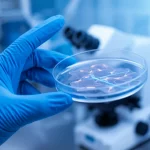 Immagine concettuale di laboratorio high-tech, obiettivo prime 35mm, che mostra una mano guantata che tiene una piastra di Petri contenente un costrutto tissutale 3D traslucido con filamenti conduttivi luminosi integrati, sfondo sfocato con attrezzature scientifiche, profondità di campo ridotta, illuminazione d'accento blu e bianca.
