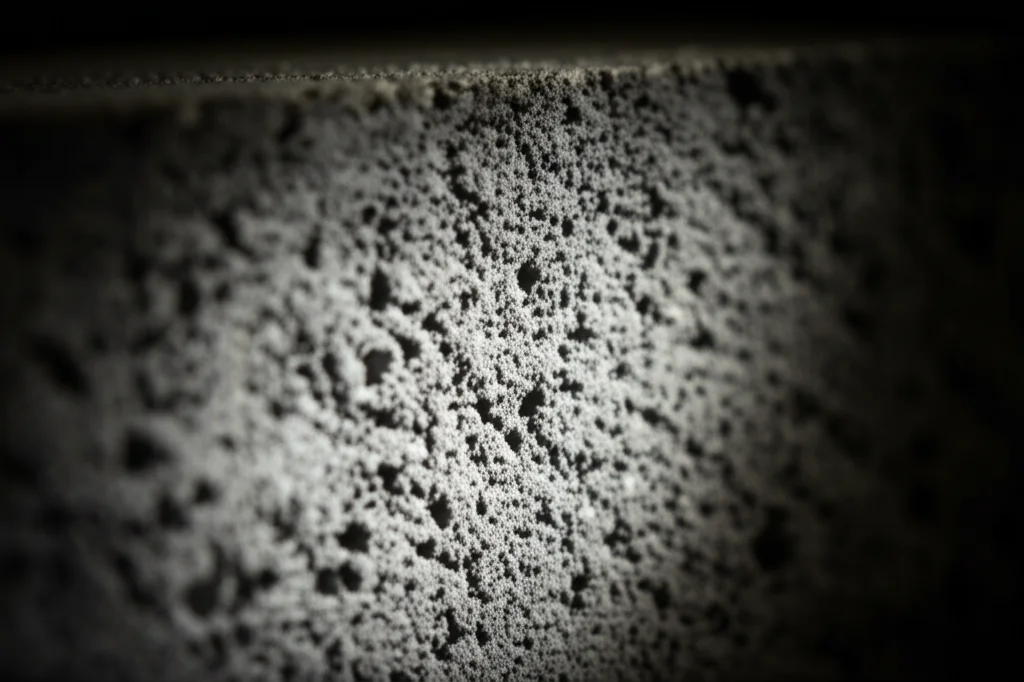 Immagine fotorealistica di un campione di calcestruzzo ad alta resistenza sezionato, illuminato per mostrare la sua struttura densa e compatta grazie ai nano-additivi, lente macro 100mm, alta definizione, illuminazione controllata che evidenzia le micro-particelle integrate.