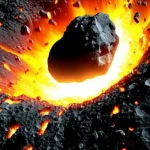 Immagine fotorealistica di un impatto cosmico su un asteroide scuro e ricco di carbonio (condrite carbonacea), che genera un'esplosione luminosa di gas caldo (CO/CO2) che espelle violentemente nello spazio frammenti incandescenti della superficie. Lente teleobiettivo 200mm, fast shutter speed, action tracking sull'esplosione.