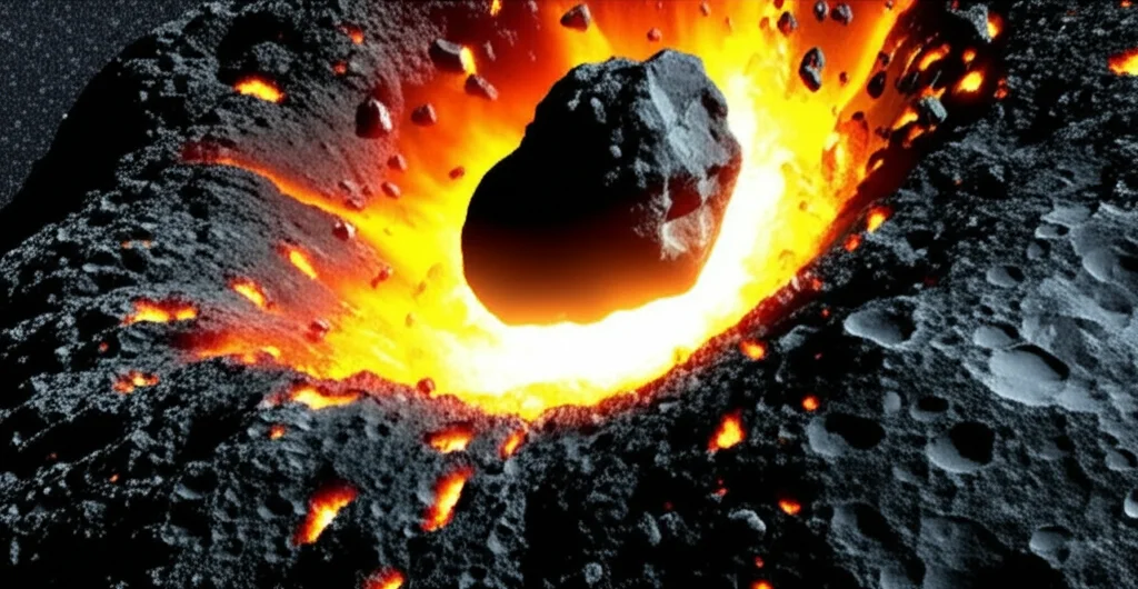 Immagine fotorealistica di un impatto cosmico su un asteroide scuro e ricco di carbonio (condrite carbonacea), che genera un'esplosione luminosa di gas caldo (CO/CO2) che espelle violentemente nello spazio frammenti incandescenti della superficie. Lente teleobiettivo 200mm, fast shutter speed, action tracking sull'esplosione.