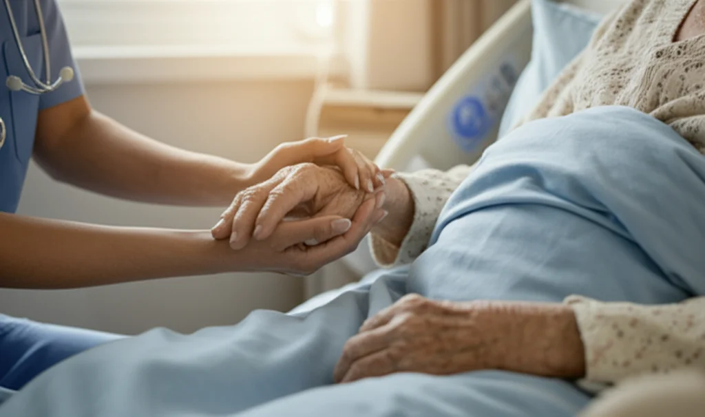 Primo piano di una mano compassionevole di un operatore sanitario (CACP) che si posa delicatamente sulla mano di un paziente anziano in un letto d'ospedale. Simbolo di cura, empatia e pianificazione anticipata delle cure. Luce naturale morbida proveniente da una finestra laterale, obiettivo prime 50mm, profondità di campo ridotta per focalizzare l'attenzione sulle mani intrecciate.