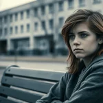 Ritratto fotografico di un adolescente albanese pensieroso, seduto da solo su una panchina all'esterno di una scuola. Obiettivo 50mm, luce naturale morbida, sfondo leggermente sfocato per concentrarsi sull'espressione. Tonalità duotone blu e grigio per un'atmosfera riflessiva.