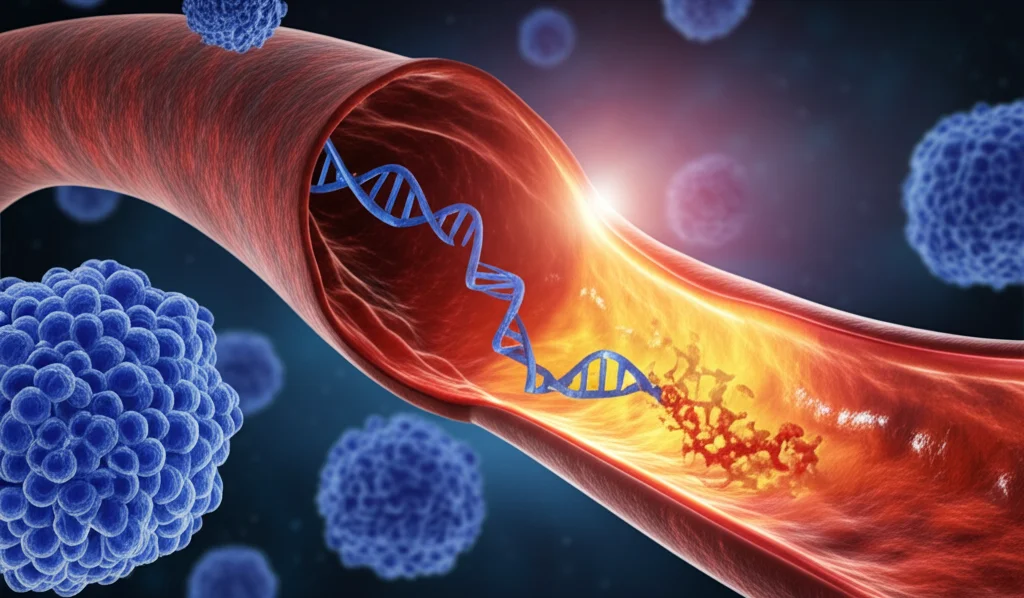 Visualizzazione artistica del cervello umano con un'area evidenziata che mostra l'occlusione di un'arteria (ictus ischemico) e molecole di lncRNA CRNDE ingrandite che interagiscono con le cellule cerebrali, stile fotorealistico con profondità di campo, lente prime 35mm.
