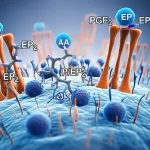 Visualizzazione artistica e scientifica dell'asse AA-PGE2-EP all'interno di una lesione da sclerosi multipla nel cervello umano. L'immagine combina elementi di microscopia con rappresentazioni molecolari stilizzate di AA, PGE2 e recettori EP2/EP4 sulla microglia attivata. Utilizzare una profondità di campo ridotta (Depth of field) con un obiettivo prime 35mm per focalizzare l'attenzione sulle interazioni molecolari chiave, con colori duotone blu (infiammazione) e arancione (tentativi di risoluzione).