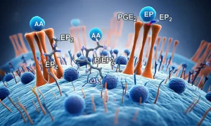 Visualizzazione artistica e scientifica dell'asse AA-PGE2-EP all'interno di una lesione da sclerosi multipla nel cervello umano. L'immagine combina elementi di microscopia con rappresentazioni molecolari stilizzate di AA, PGE2 e recettori EP2/EP4 sulla microglia attivata. Utilizzare una profondità di campo ridotta (Depth of field) con un obiettivo prime 35mm per focalizzare l'attenzione sulle interazioni molecolari chiave, con colori duotone blu (infiammazione) e arancione (tentativi di risoluzione).
