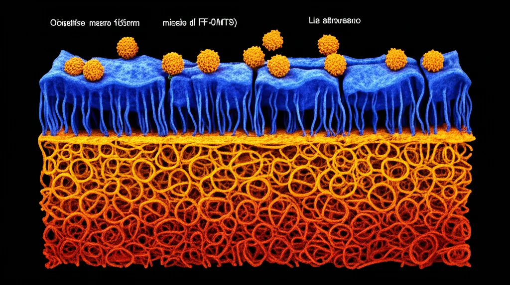 Visualizzazione microscopica stilizzata della barriera emato-encefalica con nanoparticelle (micelle di FF-DMTS) che la attraversano per raggiungere il tessuto cerebrale. Obiettivo macro 105mm, alta definizione, illuminazione drammatica per enfatizzare il passaggio.