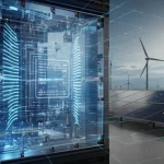 Concetto futuristico di un computer quantistico che elabora dati per ottimizzare una rete energetica rinnovabile con turbine eoliche e pannelli solari visibili sullo sfondo, fotografia con lente prime 35mm, profondità di campo, illuminazione drammatica blu e oro.