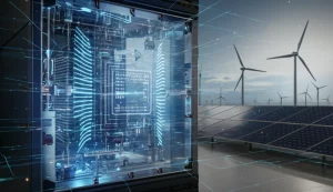 Concetto futuristico di un computer quantistico che elabora dati per ottimizzare una rete energetica rinnovabile con turbine eoliche e pannelli solari visibili sullo sfondo, fotografia con lente prime 35mm, profondità di campo, illuminazione drammatica blu e oro.