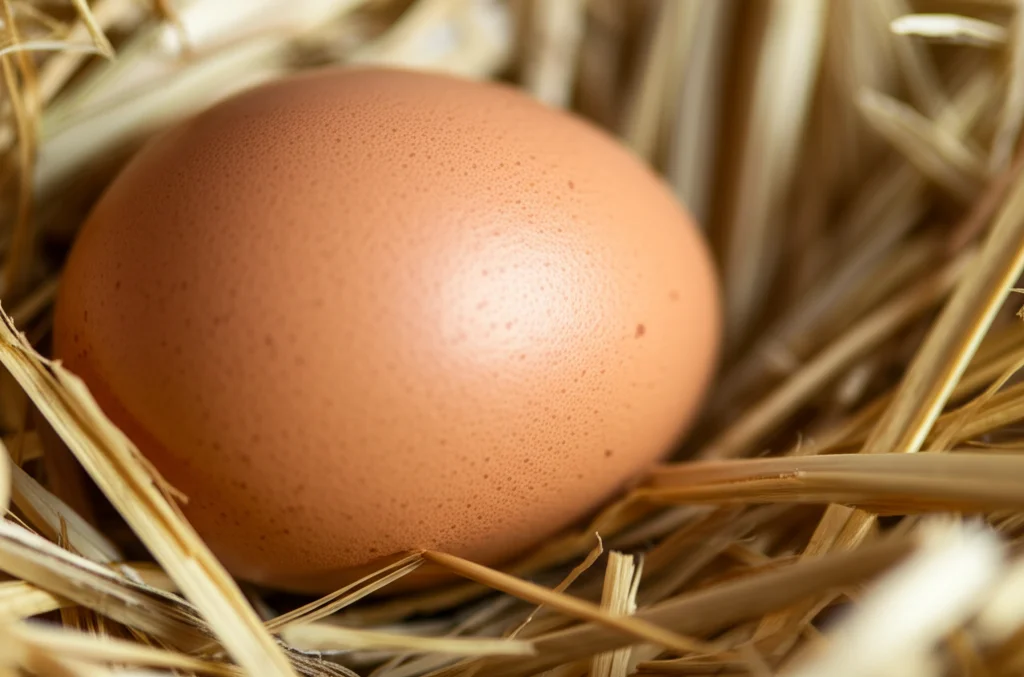 Fotografia macro di un uovo di gallina marrone perfetto, appoggiato su paglia pulita in un nido, luce calda e controllata, obiettivo macro 100mm, alta definizione, messa a fuoco precisa sul guscio poroso.
