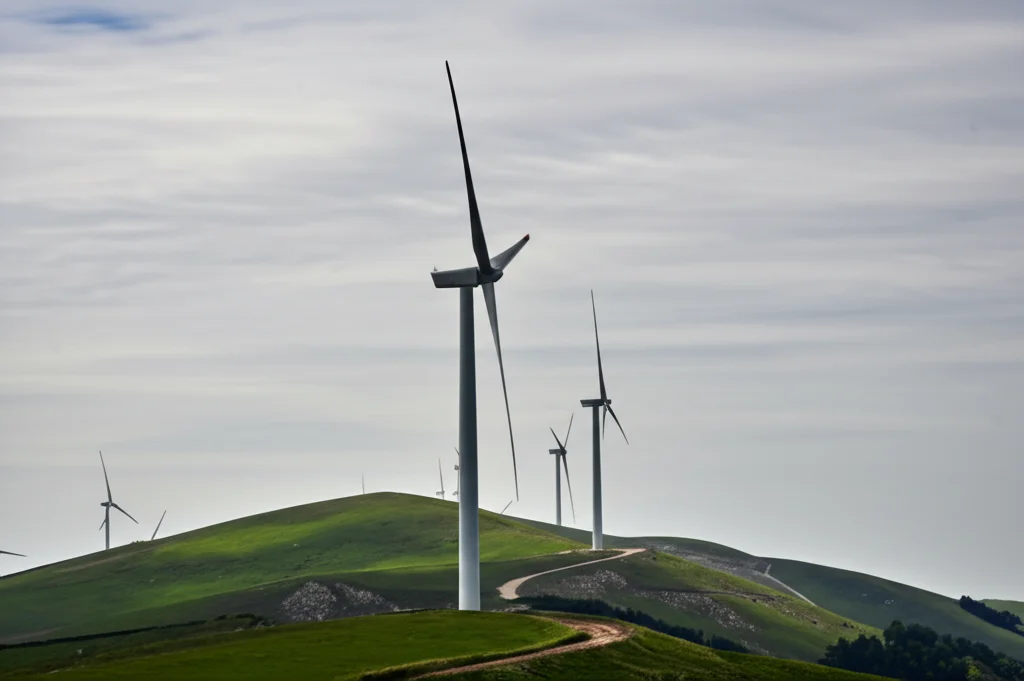 Fotografia paesaggistica con obiettivo grandangolare 20mm di turbine eoliche su una collina verdeggiante, cielo parzialmente nuvoloso, luce solare che filtra creando ombre definite, messa a fuoco nitida sull'intero paesaggio, lunga esposizione per nuvole leggermente mosse.