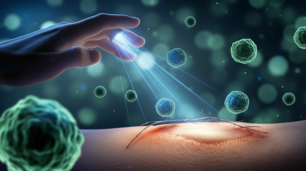 Immagine concettuale fotorealistica: una mano che proietta fasci di luce blu e verde su cellule staminali mesenchimali fluttuanti sopra una ferita in via di guarigione. Effetto bokeh sullo sfondo, illuminazione suggestiva, focus sulle cellule e la luce. Obiettivo prime 35mm, profondità di campo.