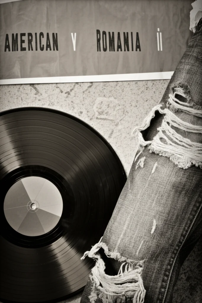Immagine fotorealistica che fonde simboli americani come jeans strappati e un disco in vinile con elementi evocativi della Romania comunista anni '80, come un muro grigio o un manifesto sbiadito. Obiettivo 35mm, toni seppia e grigio duotone, profondità di campo accentuata, rappresentando l'influenza culturale USA sulla poesia rumena come forma di resistenza e creazione di 'cosmoscapes'.