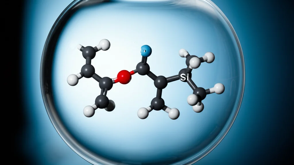 Immagine fotorealistica di una reazione chimica in un pallone da laboratorio, con molecole stilizzate di Cp*ZnZnCp* (legame Zn-Zn evidente) che si avvicinano a un analogo del carbene (atomo centrale Si/Al/Ga/In), simboleggiando il processo di addizione riduttiva. Illuminazione drammatica da laboratorio, obiettivo macro 85mm, alta definizione dei dettagli molecolari.