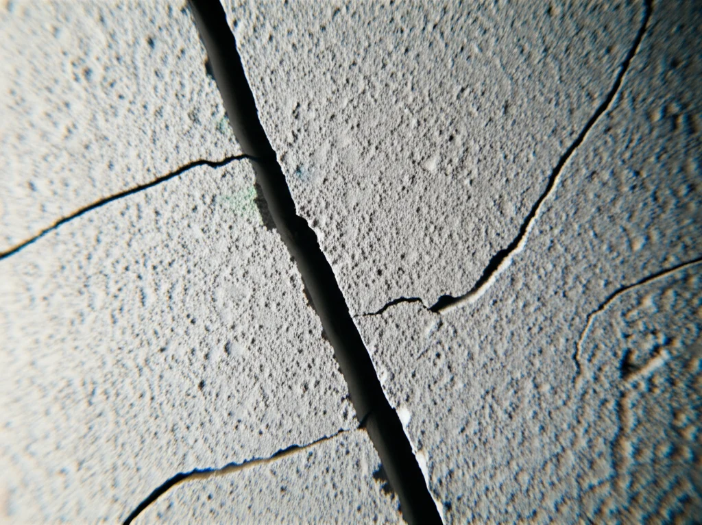 Immagine fotorealistica, macro lens (85mm), che mostra un primo piano della texture di un campione cilindrico di Cemented Paste Backfill (CPB) fratturato. La crepa indotta dalla fratturazione idraulica è chiaramente visibile, con dettagli minuti della matrice cementizia e degli aggregati fini. Illuminazione da studio controllata per massimizzare i dettagli e il contrasto sulla superficie grigia del campione.