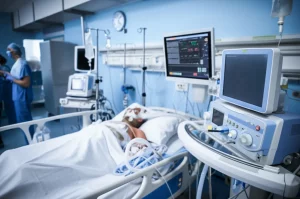 Immagine grandangolare di un moderno reparto di terapia intensiva, con un paziente (non identificabile) collegato a un ventilatore e a un monitor EIT. Personale medico sullo sfondo. Obiettivo grandangolare 15mm, messa a fuoco nitida, illuminazione ambientale realistica dell'ospedale.
