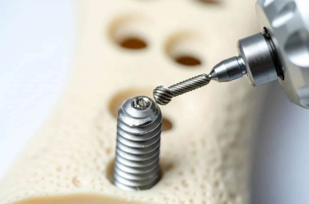 Immagine macro ad alta definizione di una vite di bloccaggio in titanio con testa danneggiata (spanata) inserita in una placca ortopedica. Accanto, una fresa a sfera montata su un manipolo chirurgico standard, simboleggiando la soluzione. Sfondo sfocato di un osso artificiale. Illuminazione da studio controllata, lente macro 105mm, focus preciso sulla vite e sulla fresa.