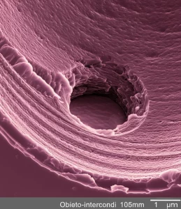 Immagine macro fotorealistica di un cratere microscopico su una superficie polimerica rosa (dimetacrilato con nanorod d'oro), creato da un singolo impulso laser a femtosecondi. Si notano dettagli strutturali sulla parete del cratere. Illuminazione laterale controllata per enfatizzare la tridimensionalità. Obiettivo macro 105mm, alta definizione.