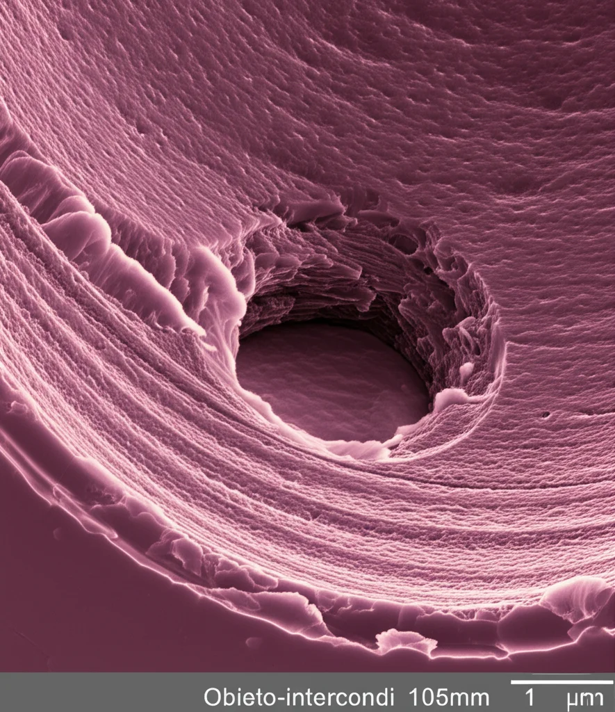 Immagine macro fotorealistica di un cratere microscopico su una superficie polimerica rosa (dimetacrilato con nanorod d'oro), creato da un singolo impulso laser a femtosecondi. Si notano dettagli strutturali sulla parete del cratere. Illuminazione laterale controllata per enfatizzare la tridimensionalità. Obiettivo macro 105mm, alta definizione.