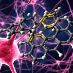 Struttura molecolare del 4,4'-dimetossicalcone (DMC) visualizzata in 3D, sovrapposta a un'immagine stilizzata e luminosa di neuroni cerebrali interconnessi, a simboleggiare il suo potenziale neuroprotettivo contro l'infiammazione indotta da trauma cranico. Obiettivo macro, 70mm, alta definizione, illuminazione controllata per enfatizzare la struttura molecolare.