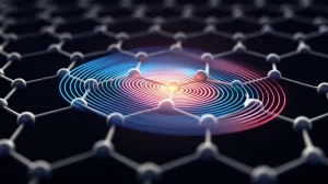 Visualizzazione artistica di un reticolo cristallino a nido d'ape con una dislocazione 5-7 incandescente al centro, che emana onde di chiralità rappresentate da spirali luminose blu e rosse. Stile macro, obiettivo 100mm, alta definizione dei dettagli atomici, illuminazione drammatica laterale che crea ombre profonde, profondità di campo ridotta.