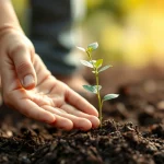 Fotografia concettuale, obiettivo 50mm, profondità di campo. Una mano adulta guida dolcemente una mano di bambino che tiene un germoglio che cresce da un terreno fertile, simboleggiando la cura genitoriale e lo sviluppo positivo del bambino nel tempo.