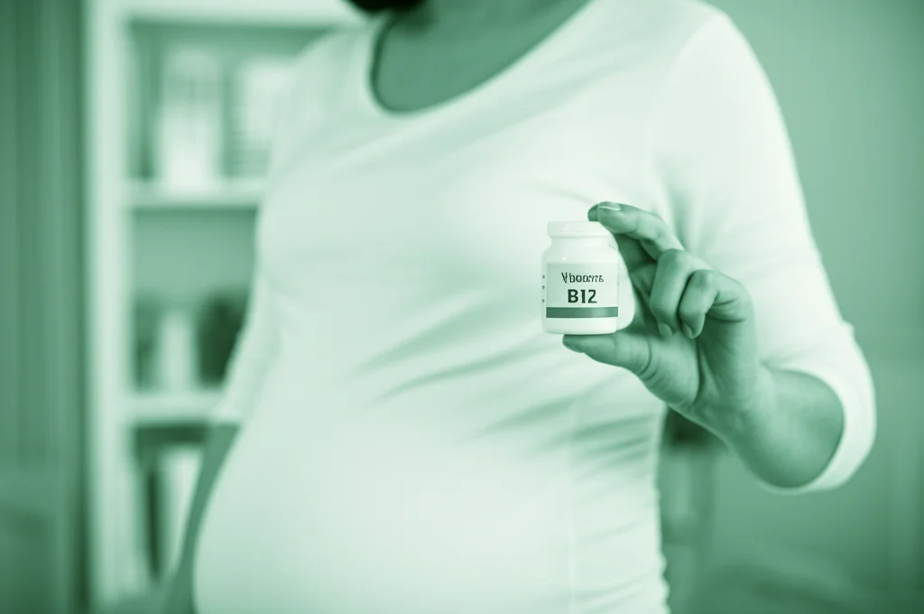 Fotografia stile ritratto, 35mm lens, di una donna incinta sorridente che tiene in mano un integratore di vitamina B12 o un alimento ricco di B12 (es. uovo sodo), con uno sfondo leggermente sfocato che suggerisce un ambiente sano e luminoso, depth of field, duotone verde e bianco per un look fresco e salutare.