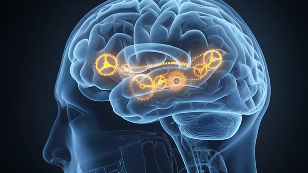 Immagine concettuale fotorealistica che rappresenta la neuroprotezione nell'Alzheimer. Un cervello umano stilizzato e semi-trasparente mostra aree scure (patologia) che vengono progressivamente schiarite da particelle luminose (Acacetina) che attivano ingranaggi interni (autofagia). Profondità di campo, illuminazione drammatica che passa da scuro a chiaro, obiettivo 35mm, stile cinematografico.