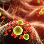 Immagine concettuale fotorealistica di cellule microgliali nel cervello umano che accumulano goccioline lipidiche (visualizzate come sfere luminose gialle/verdi all'interno delle cellule scure) sotto l'influenza della citochina IL-21 (rappresentata simbolicamente da piccole molecole rosse che interagiscono con la superficie cellulare). Lo sfondo suggerisce un ambiente cerebrale infiammato con tonalità calde e connessioni neuronali sfocate. Obiettivo macro 85mm, profondità di campo ridotta per focalizzare sulle microglia centrali, illuminazione drammatica laterale che evidenzia la texture cellulare e le inclusioni lipidiche.