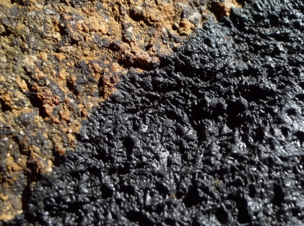 Primo piano dettagliato della zona di contatto tra un calcare triassico alterato (colore scuro, bruno-grigiastro) e un basalto neogenico (nero-grigio scuro). Obiettivo macro 90mm, alta definizione, messa a fuoco selettiva sulla texture di interazione tra le due litologie, illuminazione laterale per esaltare i rilievi minerali.