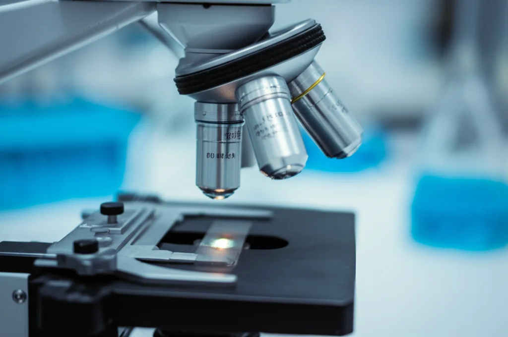 Primo piano di un microscopio in un laboratorio di ricerca pediatrica, obiettivo macro 100mm, illuminazione controllata e precisa, alta definizione dei dettagli delle lenti e dei campioni sfocati sullo sfondo, atmosfera di speranza e scoperta scientifica.