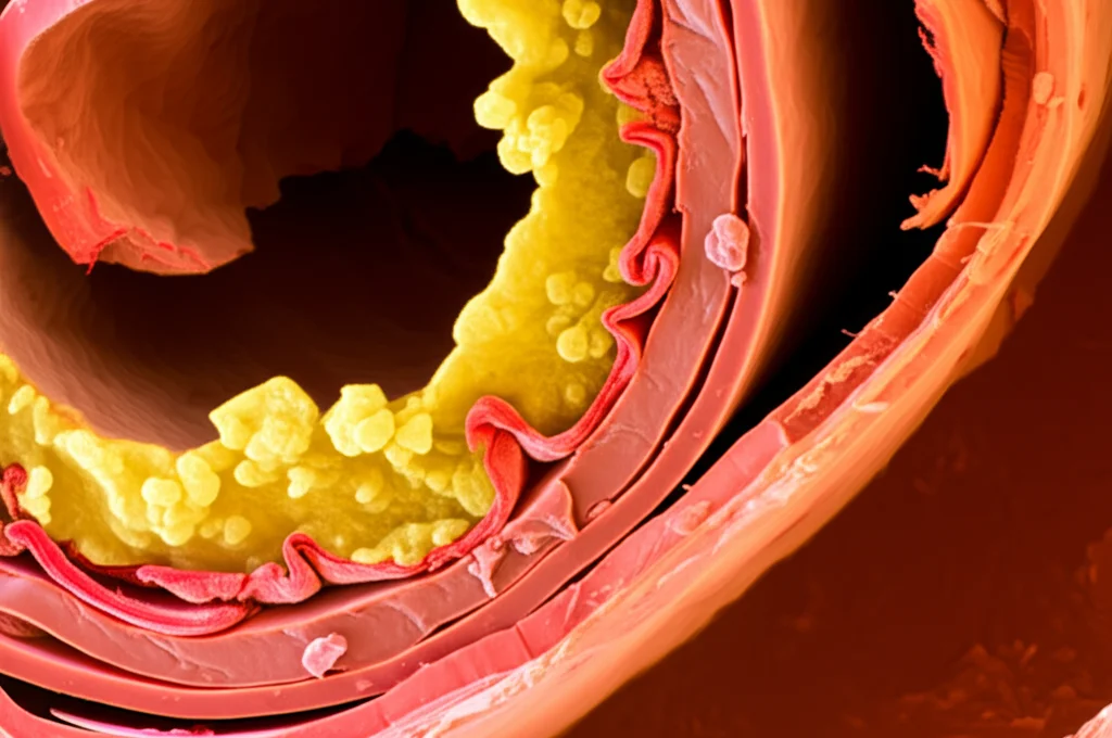 Primo piano, scatto macro (obiettivo 60-105mm) di una sezione trasversale stilizzata di un'arteria leggermente ristretta con depositi lipidici visibili (giallastri) e sottili marcatori infiammatori rossi, illuminazione controllata, alto dettaglio, messa a fuoco precisa.