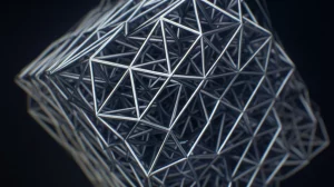 Rappresentazione astratta fotorealistica del gruppo affine-additivo che subisce una trasformazione di stiramento. Visualizzazione di complesse strutture geometriche 3D che si deformano. Utilizzo di un obiettivo prime, 35mm, profondità di campo, stile film noir per un effetto drammatico e matematico.