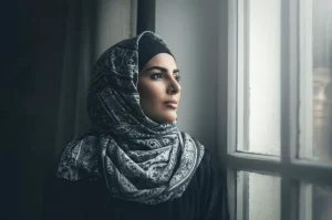 Ritratto a 35mm di una donna egiziana che guarda con speranza verso il futuro, in piedi vicino a una finestra con luce soffusa, simboleggiando la ripresa e il miglioramento della qualità della vita dopo la ricostruzione mammaria. Profondità di campo, tonalità duotone (blu e grigio).