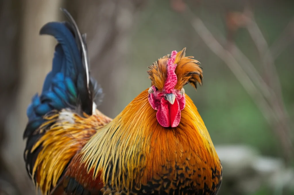 Un magnifico esemplare di pollo Beijing-You in posa, che mostra il piumaggio rossiccio, il grande ciuffo e la barba caratteristici, ritratto con lente prime 35mm, profondità di campo ridotta per sfocare lo sfondo.