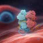 Visualizzazione 3D artistica di una proteina STAT1 troncata (danneggiata, mostrata con una parte mancante) accanto a una proteina STAT3 attiva (fosforilata, luminosa), su uno sfondo astratto che rappresenta l'interno di una cellula tumorale con il nucleo visibile in lontananza. Profondità di campo, illuminazione drammatica stile film noir con toni blu e rossi, dettagli molecolari visibili sulle proteine. Obiettivo 35mm.