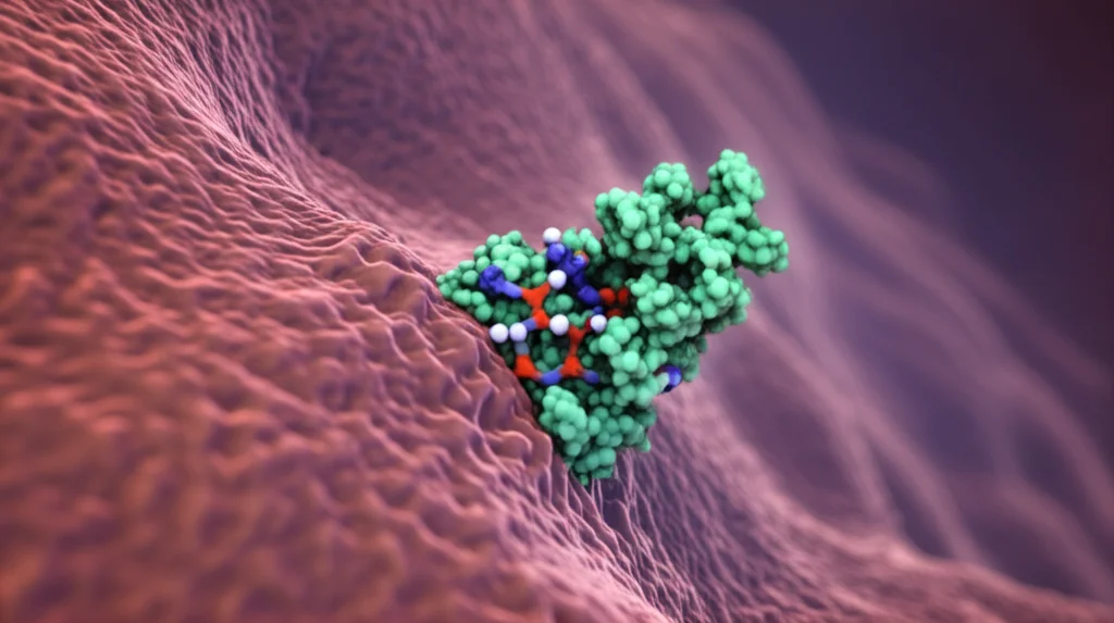 Visualizzazione 3D fotorealistica del recettore MRGPRX2 sulla membrana di un mastocita, con la molecola antagonista PSB-172656 che si lega alla sua tasca. Dettaglio elevato, illuminazione drammatica stile scientifico, obiettivo macro 90mm, focus sulla interazione molecolare.