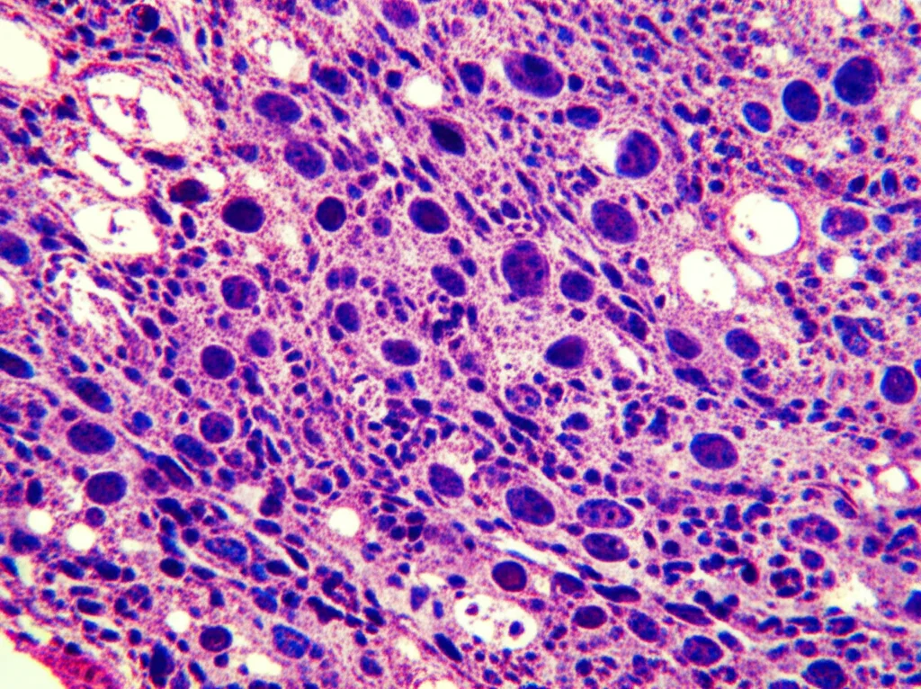 Visualizzazione al microscopio ad alta definizione di cellule di carcinoma renale a cellule chiare (ccRCC) di grado 4, evidenziando la netta differenza morfologica tra la componente a cellule chiare e quella sarcomatoide aggressiva. Lente macro 90mm, illuminazione da laboratorio precisa, focus selettivo sulle strutture cellulari indicative della prognosi.