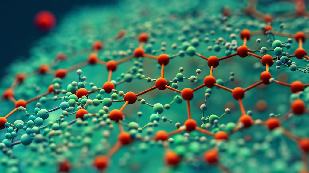 Visualizzazione fotorealistica 3D della struttura cristallina complessa della zeolite Farneseite, con focus macro (obiettivo 100mm) sui pori interconnessi e sui legami atomici, illuminazione controllata per evidenziare i dettagli della rete tetraedrica, alta definizione.