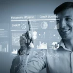 Fotografia ritratto, 35mm, un data scientist sorridente indica uno schermo con visualizzazioni di dati complessi che mostrano punti mancanti riempiti con successo, simboleggiando la tecnica SMART nel credit scoring, duotono blu e grigio, profondità di campo.