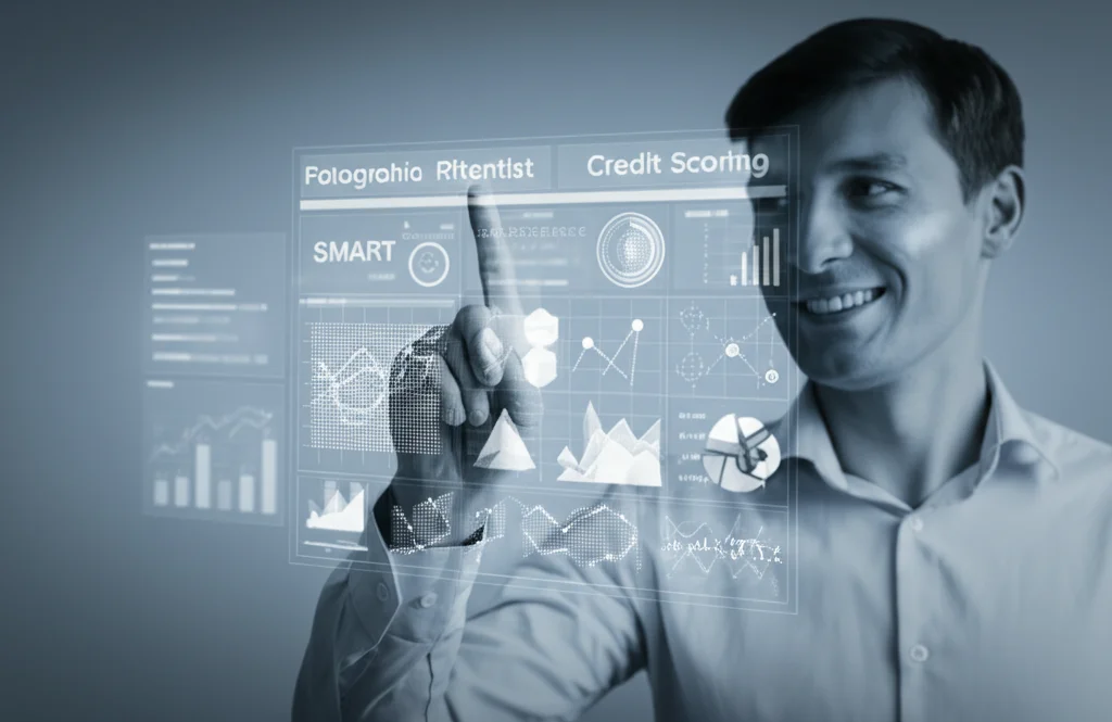 Fotografia ritratto, 35mm, un data scientist sorridente indica uno schermo con visualizzazioni di dati complessi che mostrano punti mancanti riempiti con successo, simboleggiando la tecnica SMART nel credit scoring, duotono blu e grigio, profondità di campo.